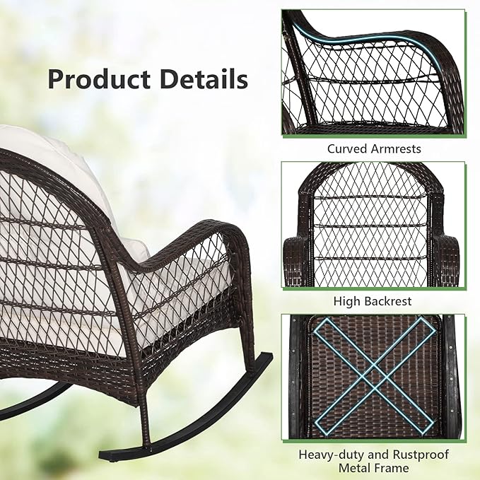 ORALNER Patio Wicker Rocking Chair, Outdoor PE Rattan Rocker with Seat and Back Cushion, Waist Pillow, Armrests, Garden Chair for Porch, Backyard, Poolside, Deck (2, Off White)
