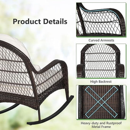 ORALNER Patio Wicker Rocking Chair, Outdoor PE Rattan Rocker with Seat and Back Cushion, Waist Pillow, Armrests, Garden Chair for Porch, Backyard, Poolside, Deck (2, Off White)