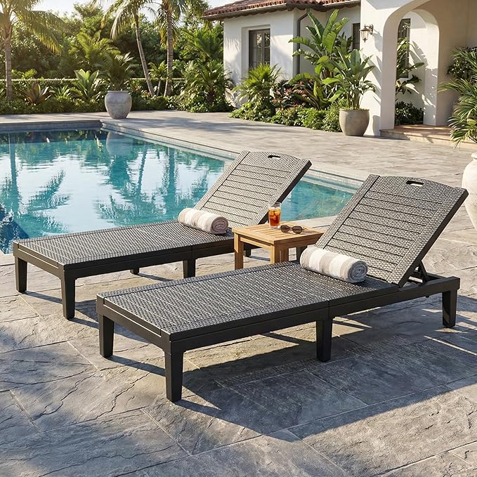 2PCS Outdoor Lounge Chairs 5 Position Adjustable, Pool Chairs, Sun Lounger, Patio Chaise Lounges PP Black, 74.06x11.02x34.65in