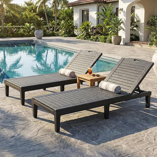2PCS Outdoor Lounge Chairs 5 Position Adjustable, Pool Chairs, Sun Lounger, Patio Chaise Lounges PP Black, 74.06x11.02x34.65in