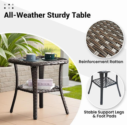ovios Outdoor Side Table with Tempered Glass Top, Patio Wicker Rattan Bistro Coffee Tables with 2 Tiers Storage for Porch Deck Balcony Garden Poolside, Brown