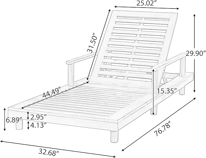 Merax Acacia Wood Outdoor Chaise Lounge Chair with 3-Position Adjustable Backrest, 76.78" L Large Patio Poolside Sun Lounger for Adult, 400 lbs Capacity, Teak Finish, Easy Assembly