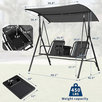 Porch Swing with Cup Holders & Pivot Storage Table & Cooler Bag with Adjustable Canopy for 2 Person Patio Swing for Backyard Balcony Poolside Black