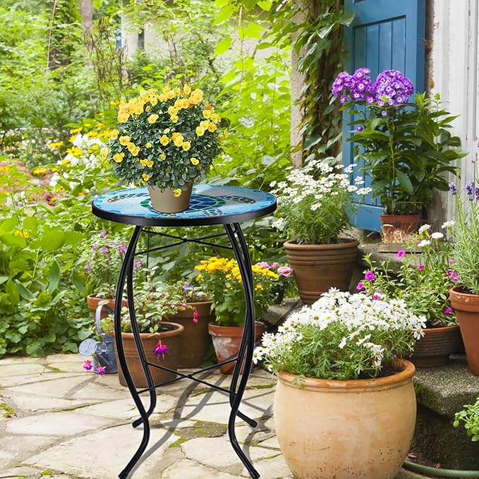VCUTEKA Patio Side Table Outdoor Accent Table Bistro Coffee Table Plant End Table Small Porch Table Indoor Round Glass Balcony Plant Table Stands Sea Turtle 12''