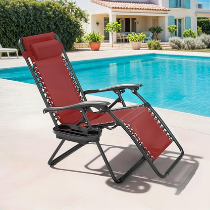 Magshion Zero Gravity Lounge Chair, Adjustable Folding Recliner with Cup Holder Side Tray & Removable Headrest Pillow, Portable Outdoor Patio Lounger for Camping, Beach, Lawn, Backyard, Maroon