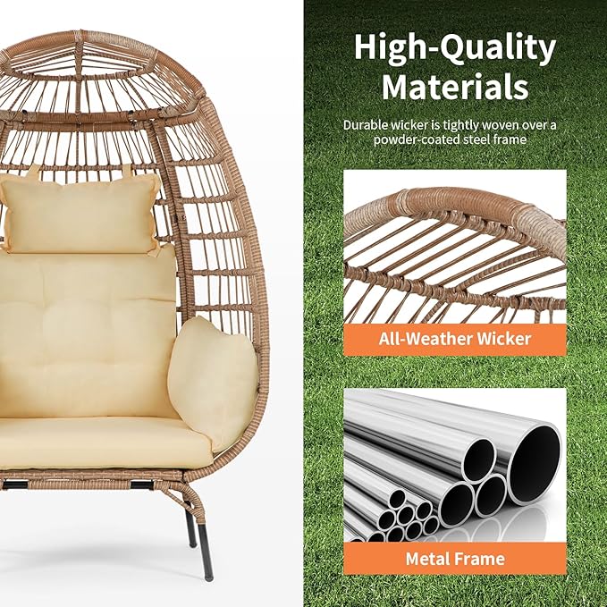 Oversized Egg Chair Outdoor Wicker Egg Chair 352lbs Capacity Outdoor Lounge Chair All Weather PE Rattan Patio Chair with Removeable Thick Cushions for Patio Balcony Backyard Garden Indoor, White
