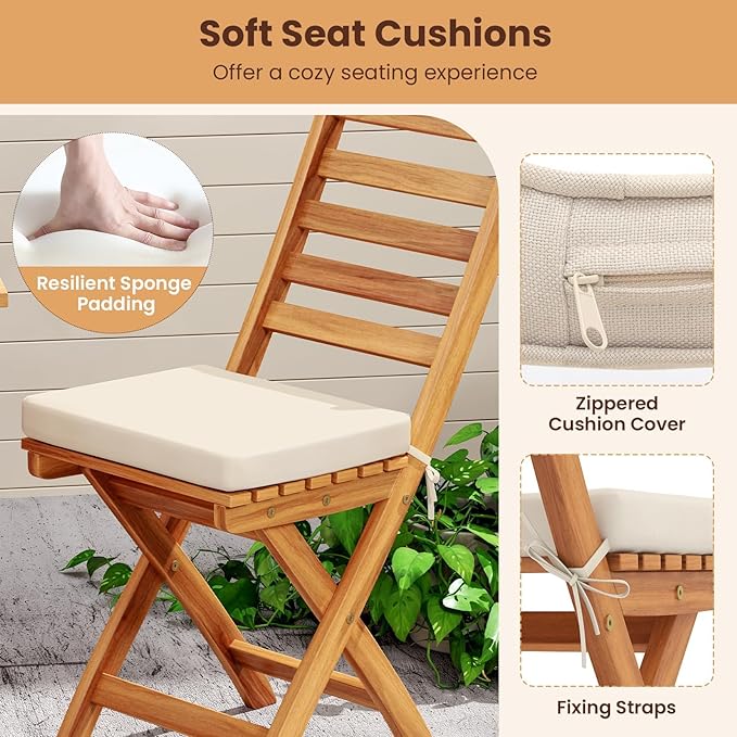 HAPPYGRILL Folding Patio Chairs Set Acacia Wood Outdoor Dining Chairs with Slatted Backrests and Soft Seat Cushions for Porch, Backyard and Garden, 400 LBS Weight Capacity (4,Back Style A)