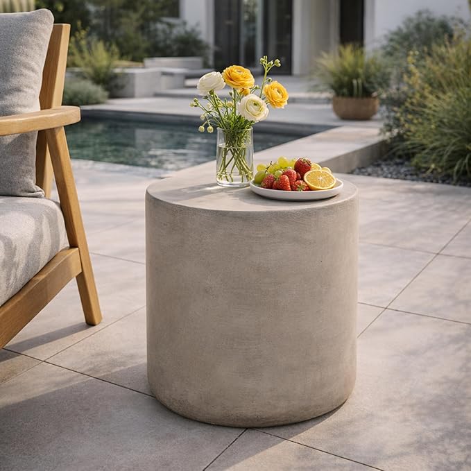 Outdoor Side Table Round Concrete End Table Faux Stone Side Tables Travertine Small Coffee Tables for Indoor Outdoor, Garden Stool Plant Stand for Porch, Backyard Patio, 15.75" Cylindrical
