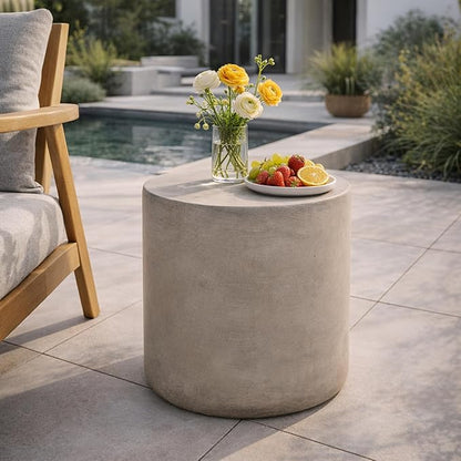 Outdoor Side Table Round Concrete End Table Faux Stone Side Tables Travertine Small Coffee Tables for Indoor Outdoor, Garden Stool Plant Stand for Porch, Backyard Patio, 15.75" Cylindrical
