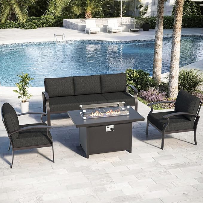 Gotland Aluminum Patio Furniture Set with Fire Pit Table, Metal Patio Furniture with 5 Seats Waterproof 5.1'' Seat Cushions, Oversized Outdoor Sectional for Garden Balcony Porch Black