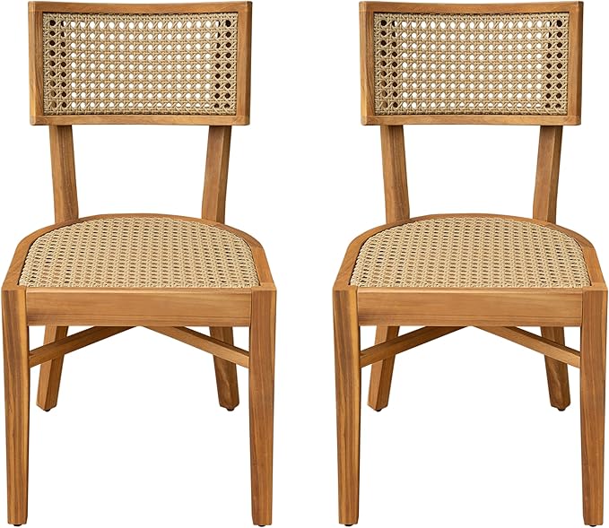 Christopher Knight Home Neeko Acacia Wood Patio Dining Chairs Set of 2, Wooden Outdoor Kitchen Side Chair, Wicker Garden Chair Set for Dining Table, Patio Furniture Extra Seat, Light Brown + Teak