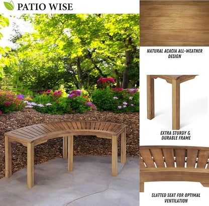 Patio Wise Acacia Wood Outdoor Curved Bench for Fire Pit Seating – 6-Foot Backless Round Bench for Patio, Porch, Park, or Dining Table, 57" L x 16" W x 17.75" H, Teak Color
