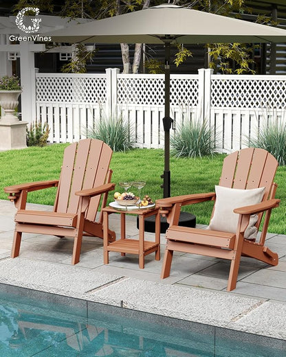 GREENVINES Folding-Adirondack-Chairs-Set-of-2 | HDPE Plastic | Fire Pit Chair | All Weather | Cup Holder | Teak | for Deck Backyard Patio Outdoor Garden