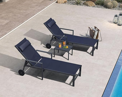 PURPLE LEAF Patio Lounge Chair Set of 3 Outdoor Chaise Lounger Aluminum Frame with Armrest Side Table and Wheels for Pool Outside Sunbathing Tanning Recliner Including Pillows Navy Blue