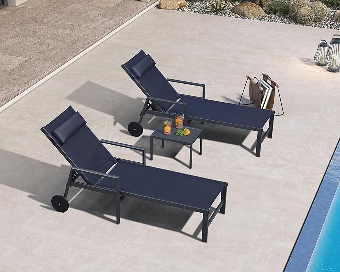PURPLE LEAF Patio Lounge Chair Set Outdoor Chaise Lounger Aluminum Frame with Armrest 2 Side Table and Wheels for Pool Outside Sunbathing Tanning Recliner Including Pillows Navy Blue