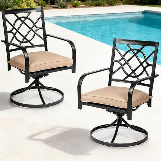 SUNCROWN Outdoor Dining Swivel Chairs Set of 2, Metal Frame Patio Chair Rocker with Brown Cushion for Garden, Bistro, Backyard, Balcony