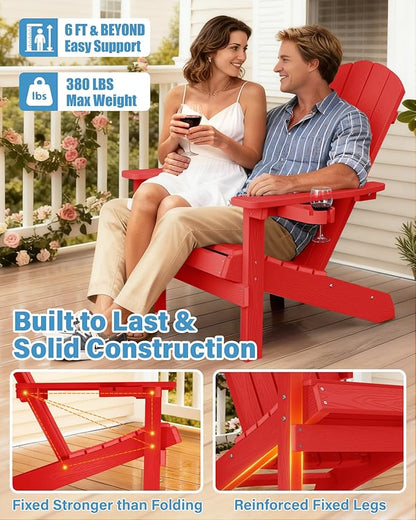 YEFU Adirondack Chairs with Cup Holders: Set of 6 Fire Pit Chairs Plastic with Wood Texture - Sturdy All-Weather HIPS for Patio Backyard Lawn - Easy Assembly Outdoor Furniture(Red)