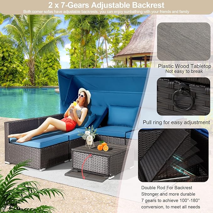 Vicluke 6 Pieces Patio Furniture Sets Outdoor Sectional Sofa Set Rattan Daybed with Retractable Canopy - Photo 3