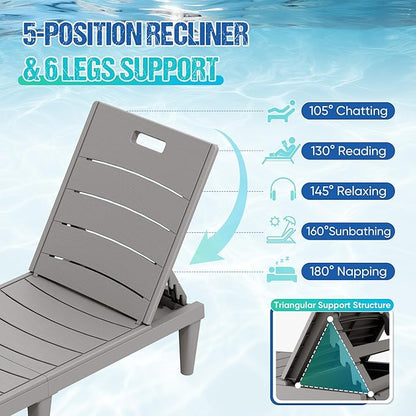 Greesum Outdoor Chaise Lounge Chair Set of 2, Waterproof 5-Position Adjustable PP Sun Loungers for Patio, Poolside, and Beach Sunbathing, Light Coffee