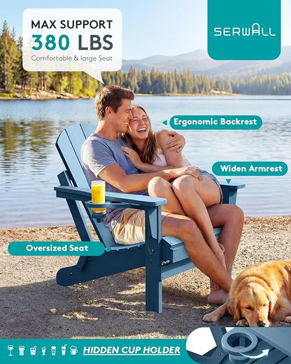 SERWALL Folding Adirondack Chair with Cup Holder Set of 2, All Weather Adirondack Chairs, Wooden Textured Fire Pit Chairs for Patio Garden Outdoors Fire Pit - Blue