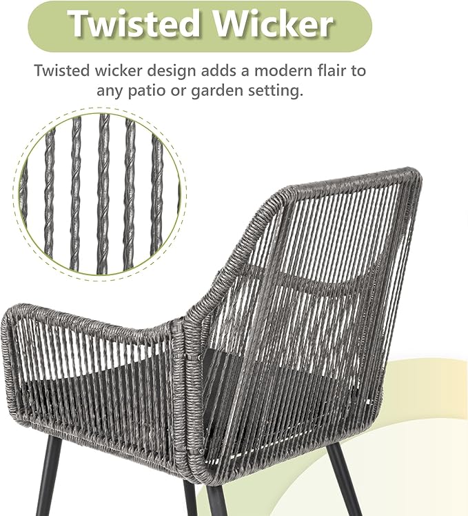 Patio Dining Chairs Outdoor Dining Chairs Set of 4, Woven Twisted Wicker Rattan Chair with Armrest and Cushion, Modern Indoor Outdoor Seating for Garden, Lawn, Backyard, Grey