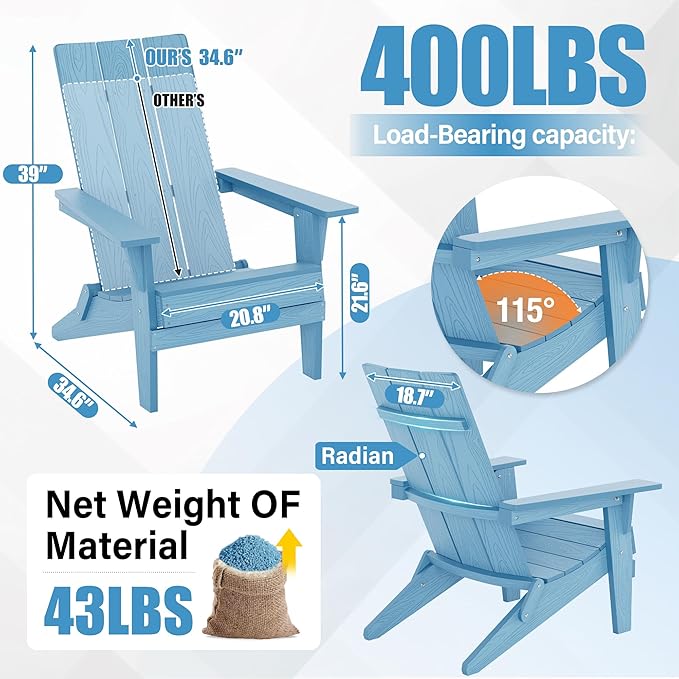 YEFU Adirondack Chairs Oversize Folding :400lb Weight Capacity - Plastic Adirondack Chairs - High Back Modern Like Wooden - All-Weather Use for Outdoor/Patio/Fire Pit/Garden/Camping - (Blue)