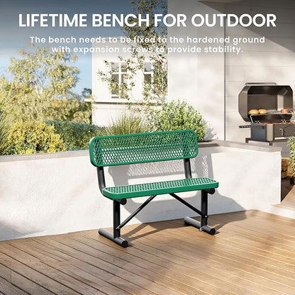 4 Feet Heavy Duty Metal Park Bench for Outside, Outdoor Bench with Backrest & Portable Frame, Commercial Benches for Shopping Malls, Stores, Parks, Patios, Decks, Green