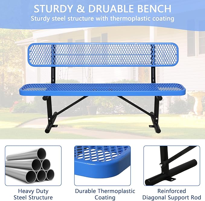 6 Ft Metal Park Bench for Outside, All-Weather Thermoplastic Coating Outdoor Bench with Backrest, Commercial Heavy Duty Benches for Shopping Malls, Stores, Parks, Patios, Decks, Blue