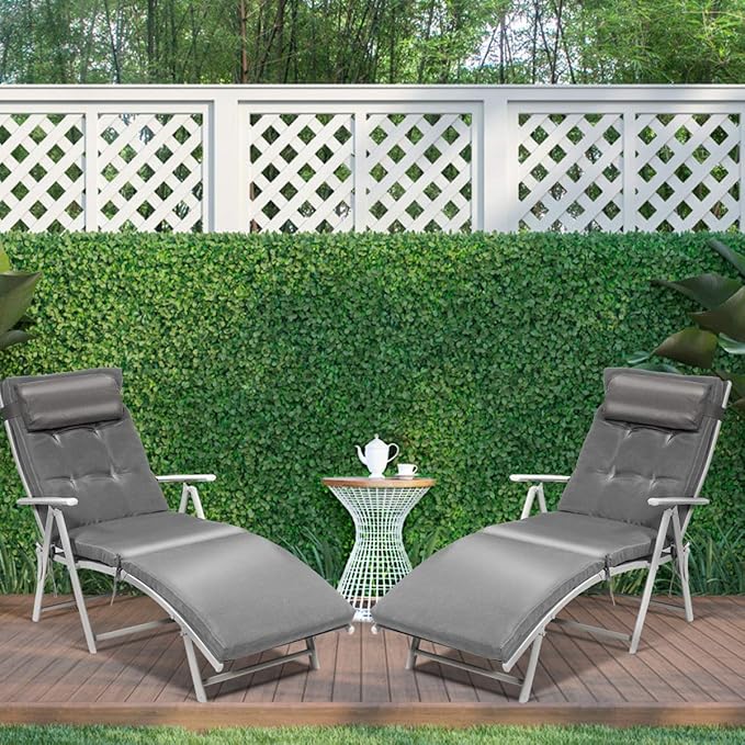 COSTWAY 2PCS Outdoor Folding Chaise Lounge Chair, Lightweight 7-Gear Adjustable Recliner with Neck Pillow, No Assembly, Ideal for Deck, Patio (Grey)