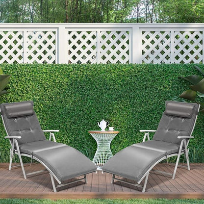 COSTWAY 2PCS Outdoor Folding Chaise Lounge Chair, Lightweight 7-Gear Adjustable Recliner with Neck Pillow, No Assembly, Ideal for Deck, Patio (Grey)