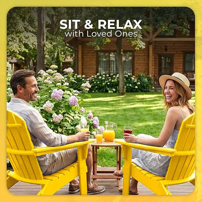 Ecommersify Folding Adirondack Chair with Cup Holder - (Yellow) - Heavy Duty Recycled Poly Lumber Folding Chair - Amish Crafted Outdoor Furniture - Made in USA