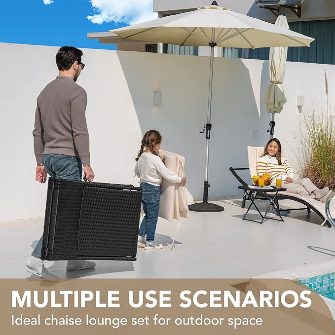 Devoko Patio Chaise Lounge Sets Outdoor Rattan Adjustable Back 3 Pieces Cushioned Patio Folding Chaise Lounge with - Photo 7