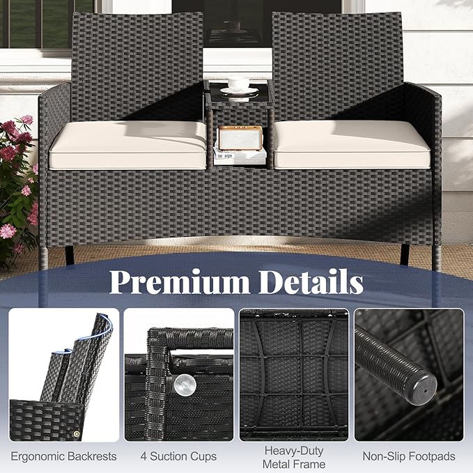 HAPPYGRILL Outdoor Rattan Loveseat, 2-Seat Patio Conversation Set with Built-in Coffee Table, Cushions, Wicker Bench Furniture for Backyard, Garden, Balcony, Porch (Beige)