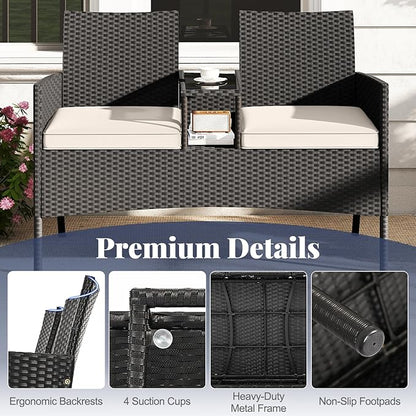 HAPPYGRILL Outdoor Rattan Loveseat, 2-Seat Patio Conversation Set with Built-in Coffee Table, Cushions, Wicker Bench Furniture for Backyard, Garden, Balcony, Porch (Beige)
