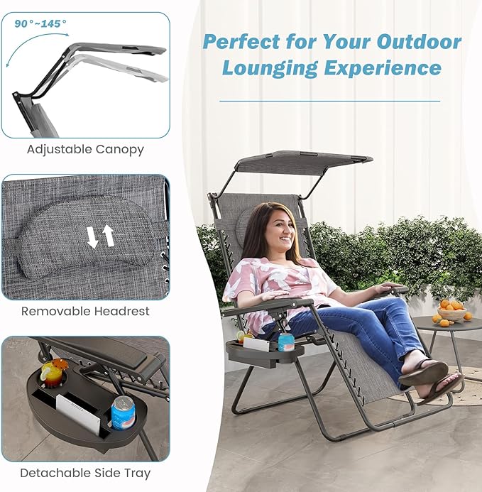 Goplus Zero Gravity Chairs, X-Large Folding Lounge Lawn Chair w/Canopy Shade & Cup Holder - Photo 6