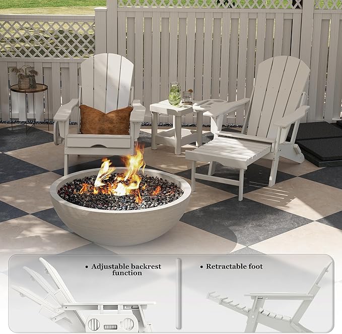 FOOWIN Folding Adjustable Adirondack Chair with Retractable Ottoman Set of 2,HDPE Adirondack Chair w/4 in 1 Cup Holder Trays,All-Weather Resistant Fire Pit Chair for Outdoor Patio Lawn, White