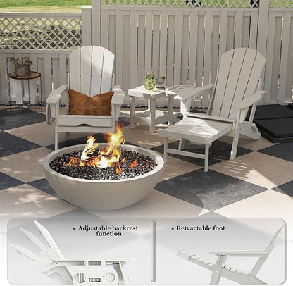 FOOWIN Folding Adjustable Adirondack Chair with Retractable Ottoman Set of 2,HDPE Adirondack Chair w/4 in 1 Cup Holder Trays,All-Weather Resistant Fire Pit Chair for Outdoor Patio Lawn, White