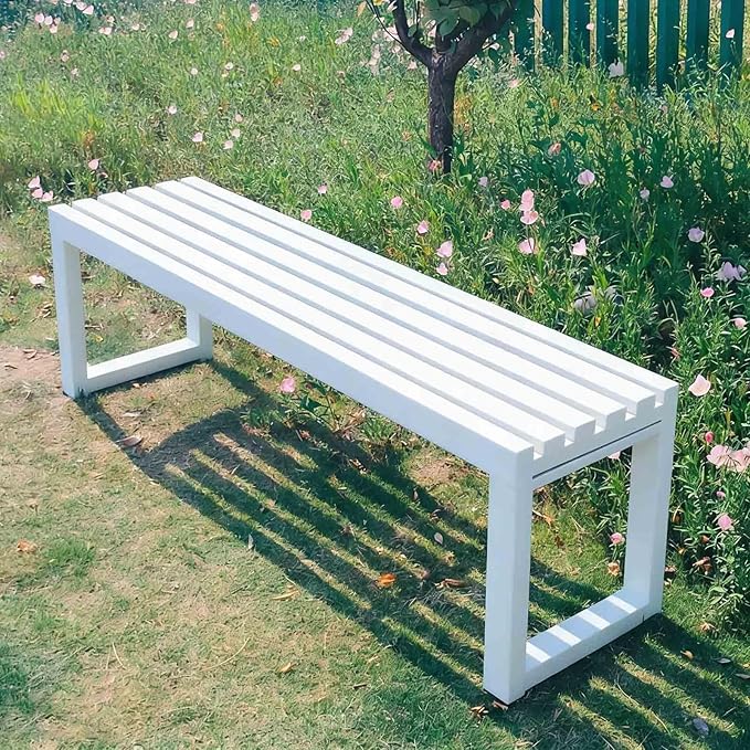Outdoor Metal Backless Bench 3.3/3.9/4.9/5.9ft Weatherproof Heavy Duty Patio Benches Porch Seating 2-Person Dining Benches Garden Metal Bench Multifunctional Slat Furniture Chair(White,3.9ft)