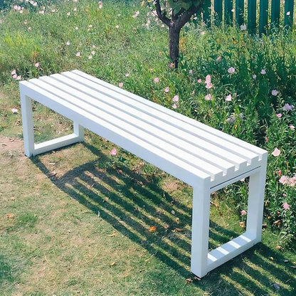 Outdoor Metal Backless Bench 3.3/3.9/4.9/5.9ft Weatherproof Heavy Duty Patio Benches Porch Seating 2-Person Dining Benches Garden Metal Bench Multifunctional Slat Furniture Chair(White,3.9ft)