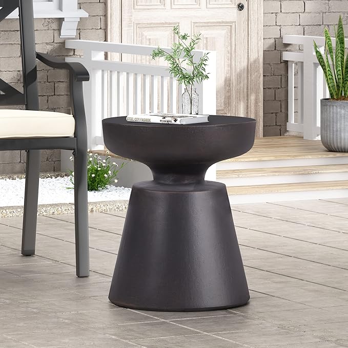 Outdoor Concrete Side Table Faux Stone End Table, Round Outdoor Accent Tables, Garden Stool Plant Stand for Porch, Backyard Patio Black