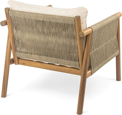Christopher Knight Home Posey Modern Patio Wooden Club Chair with Rope Woven Armrest&Backrest, Outdoor Lounge Chair with Weather-Resistant Removable Cushions, Deep Seating Accent Chair, Teak+Beige
