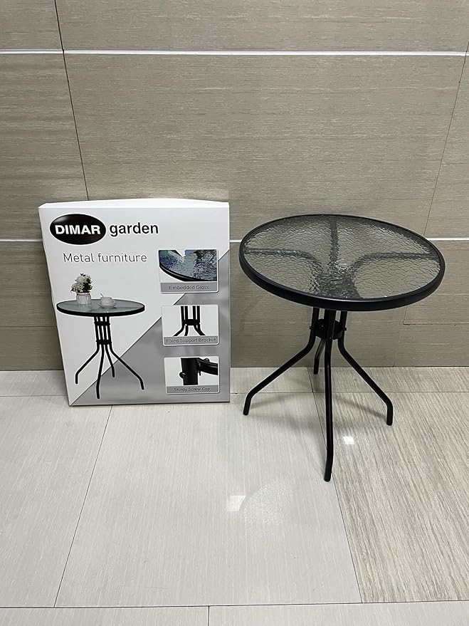 DIMAR GARDEN 24" Outdoor Side Table Patio Metal Round Bistro Coffee Table with Glass Top,Black