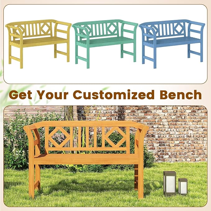 Tangkula Acacia Wood Outdoor Bench with Diamond Backrest, 2-Person Patio Wood Bench with Curved Armrests, Slatted Seat, Garden Bench Loveseat for Park, Yard, Lawn, Patio, 800 LBS Max Load