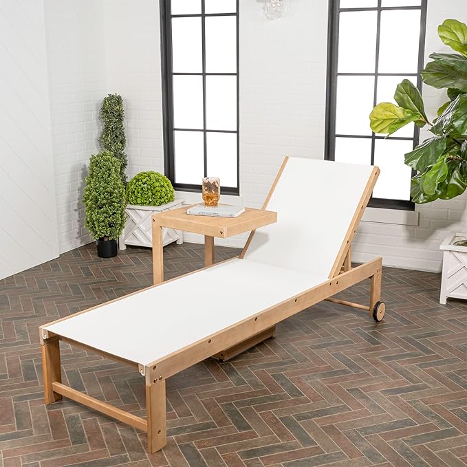 JONATHAN Y LNG1100C-2SET Trabuco Coastal Modern Acacia Wood Mesh 3-Position Outdoor Chaise Lounge Set with Side Table Transitional, Classic, Minimalist, Traditional, Contemporary, White/Light Teak