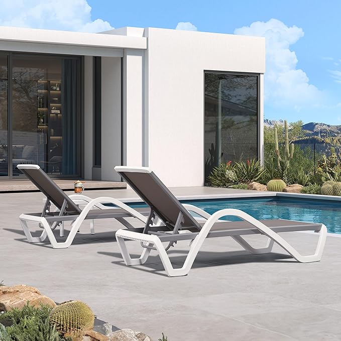 PURPLE LEAF Patio Chaise Lounge Chair Set of 3 Outside Aluminum Plastic Stackable Tanning Chairs with Armrests and Side - Photo 3