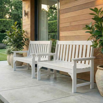 2-Person Outdoor Garden Bench, HDPE All-Weather Patio Bench with Backrest & Armrests, Heavy Duty Outdoor Seating for Porch, Backyard & Park, 660 lbs (White, 2 Benches)