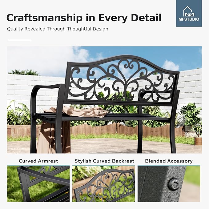 MFSTUDIO Outdoor Metal Bench Set of 2, Garden Patio 43.7 Inches Cast Iron Metal Frame Park Outside Benches with Floral Pattern Backrest for Front Porch, Black, Camelback