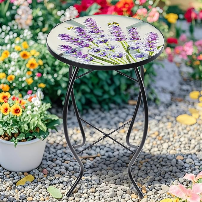 MUMTOP Outdoor End Tables for Patio, Lavender Small Round Side Table, Glass Accent Table for Outside, Garden, Balcony, Porch, Indoor Home Decor