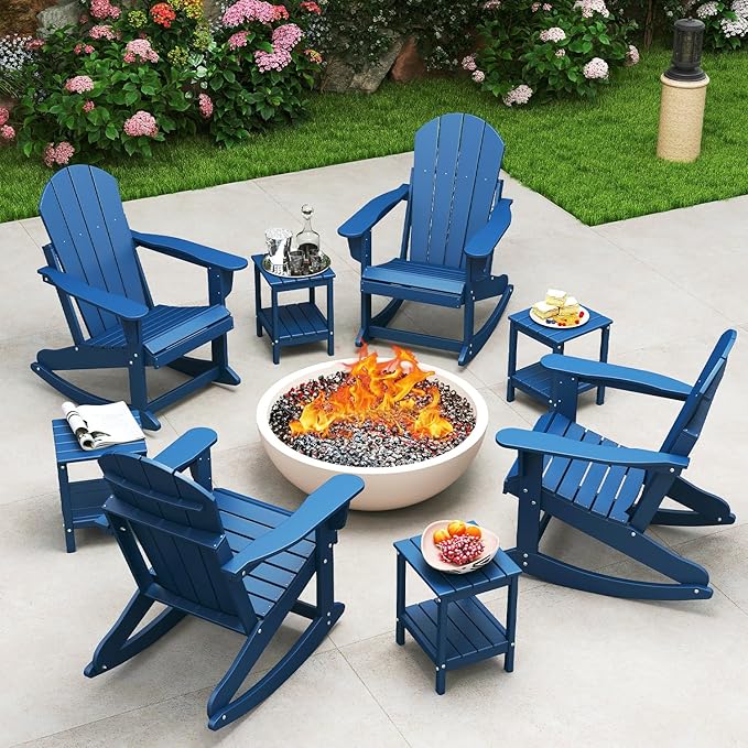 IVY&LANE Adirondack Rocking Chairs Set of 2 | Porch-Rocker | HDPE Plastic | Weatherproof | Blue | for Outdoor Patio Deck Backyard