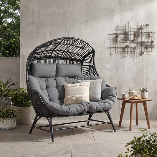 IRONCK 2 Person Egg Chair Indoor Outdoor, Double Lounge Chair, Update Frame, Cushions and Headrests, 700 lbs Egg Loveseat for Garden, Porch, Living Room, Gray
